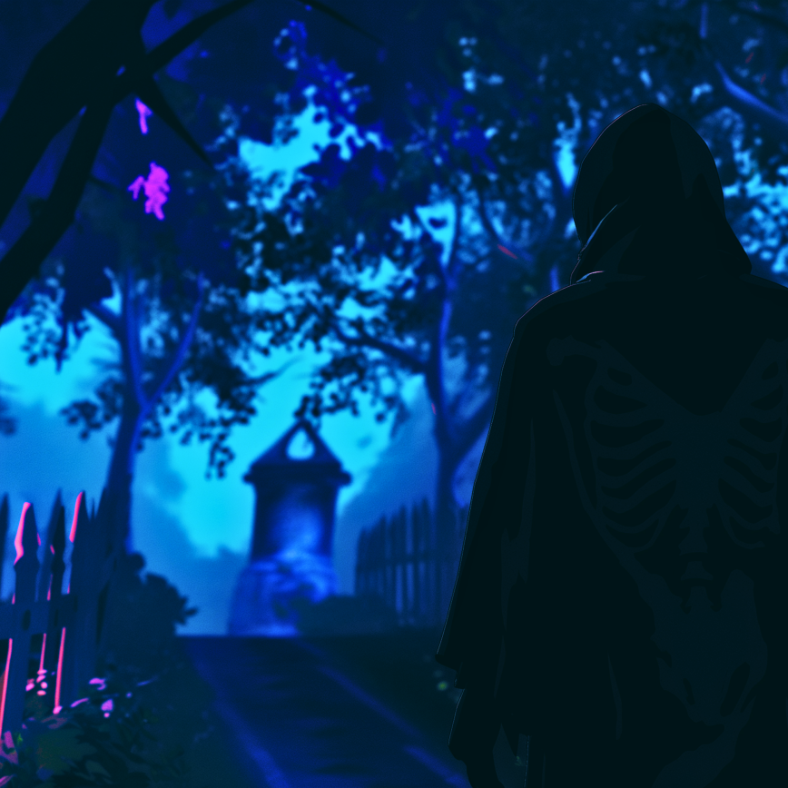 A cloaked figure stands at the entrance to a foggy graveyard at night, surrounded by electric blue light and magenta-tinged trees, rendered in Sims 4 style.