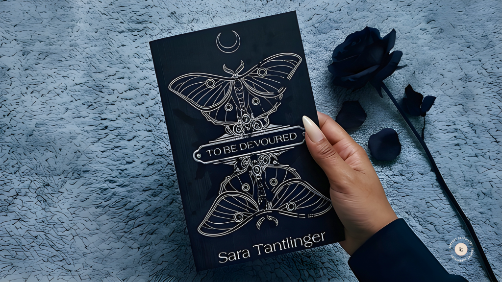 A hand with warm medium-brown skin and long almond-shaped nails holds a dark gothic paperback featuring a silver luna moth illustration and the title "To Be Devoured" against a textured grey carpet, with a black rose resting beside it.