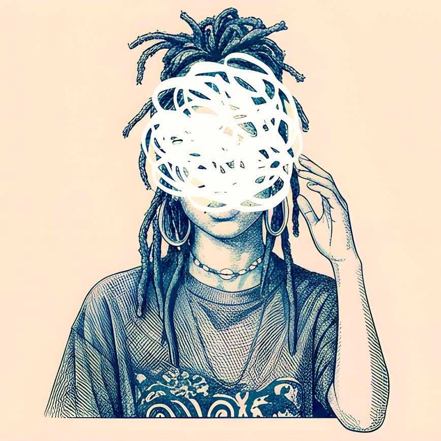 A Victorian-style engraving illustration of a young Black woman with locs, gold hoop earrings, and layered necklaces, her face obscured by a dense tangle of white looping lines suggesting mental overwhelm or emotional noise.