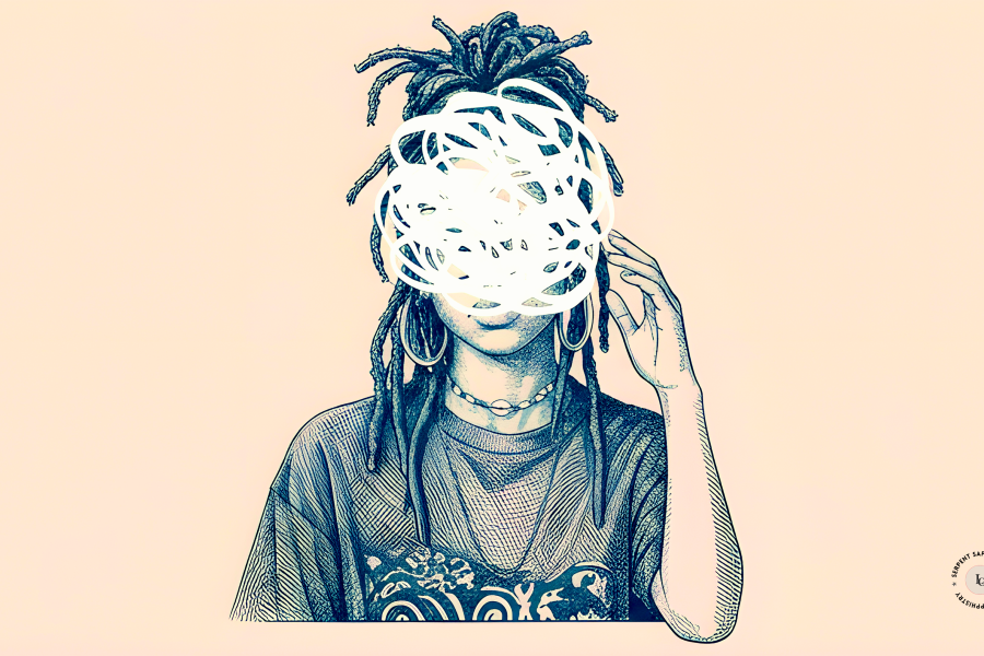 A Victorian-style engraving illustration of a young Black woman with locs, gold hoop earrings, and layered necklaces, her face obscured by a dense tangle of white looping lines suggesting mental overwhelm or emotional noise.