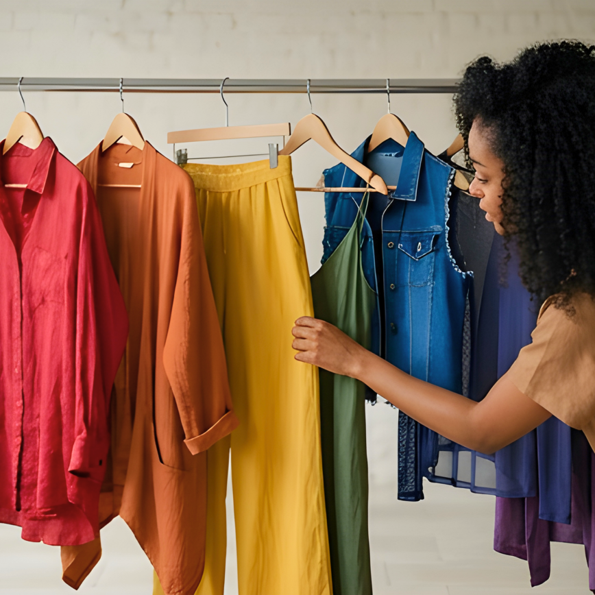 A black woman with natural coily hair browses a clothing rack arranged in rainbow color order, reaching toward the garments in a moment of intentional selection.