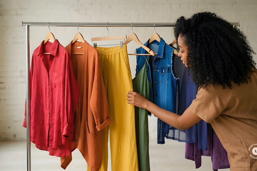 A black woman with natural coily hair browses a clothing rack arranged in rainbow color order, reaching toward the garments in a moment of intentional selection.