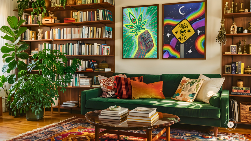 A cozy boho living room with a deep green velvet sofa, layered throw pillows, and two framed art prints on the wall featuring psychedelic cannabis and Area 420 alien artwork, surrounded by floor-to-ceiling bookshelves and lush indoor plants.