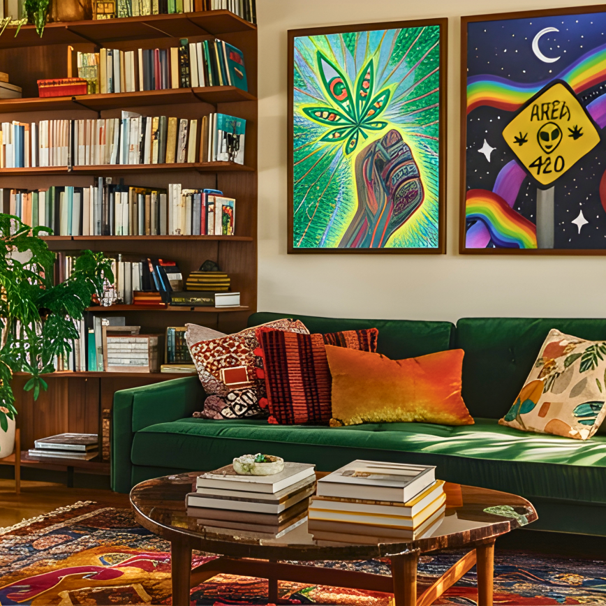 A cozy boho living room with a deep green velvet sofa, layered throw pillows, and two framed art prints on the wall featuring psychedelic cannabis and Area 420 alien artwork, surrounded by floor-to-ceiling bookshelves and lush indoor plants.