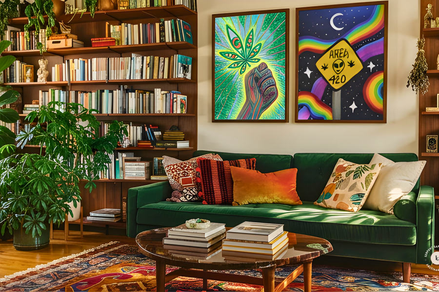 A cozy boho living room with a deep green velvet sofa, layered throw pillows, and two framed art prints on the wall featuring psychedelic cannabis and Area 420 alien artwork, surrounded by floor-to-ceiling bookshelves and lush indoor plants.
