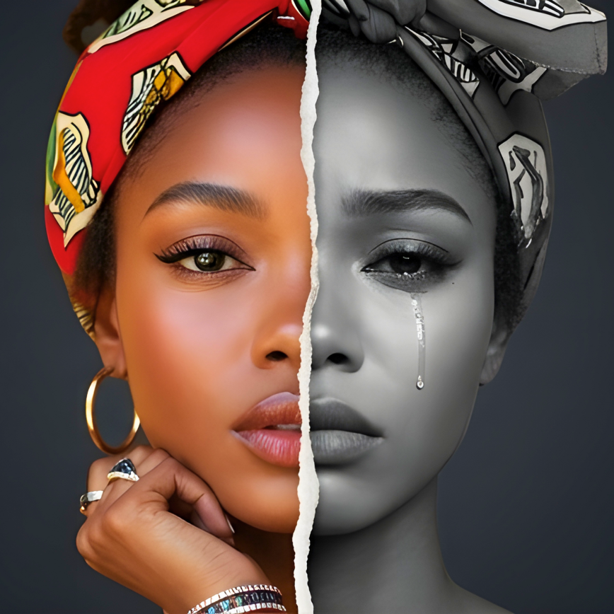 A split portrait of a Black woman with a patterned headwrap and gold hoop earrings: the left half shows her in warm color with a composed, direct expression; the right half is desaturated black and white with a tear on her cheek, divided by a torn paper edge running vertically through the center.