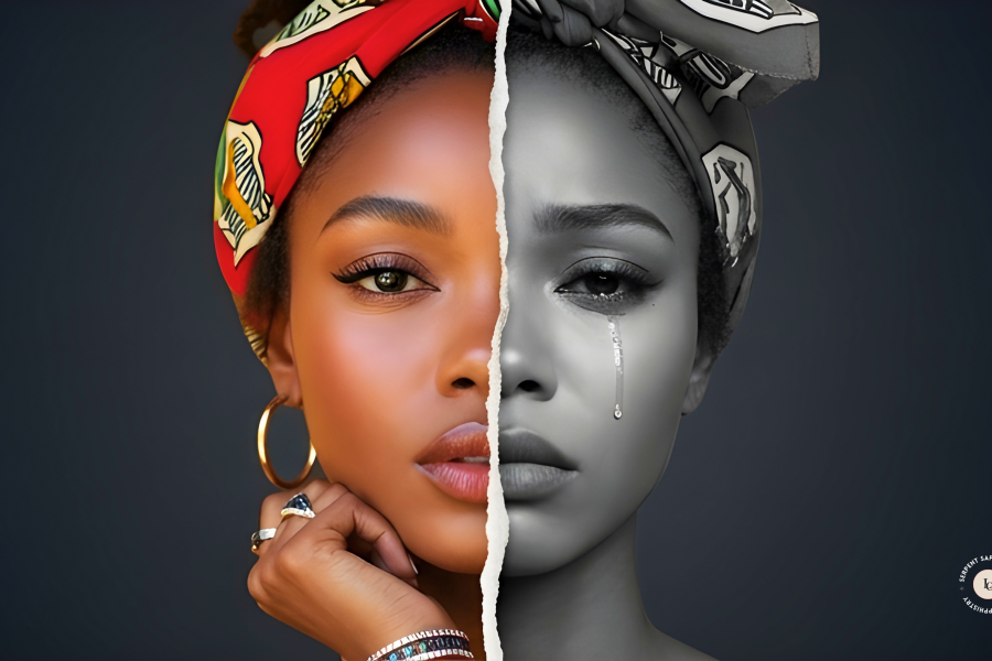 A split portrait of a Black woman with a patterned headwrap and gold hoop earrings: the left half shows her in warm color with a composed, direct expression; the right half is desaturated black and white with a tear on her cheek, divided by a torn paper edge running vertically through the center.